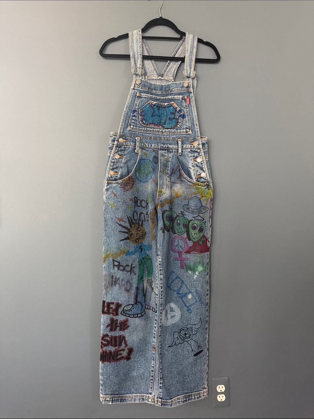 Vintage Esprit Hand-Painted Denim Overalls with Graphic Art